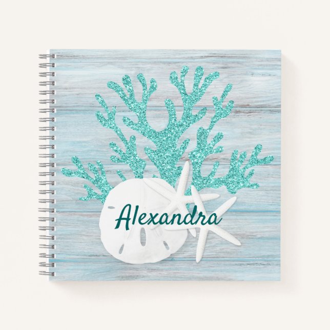 Coastal Beach Wood Starfish Sand Dollar Customized Notebook (Front)