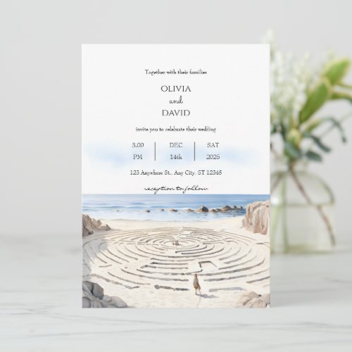 Coastal Beachside Labyrinth By The Ocean Wedding Invitation