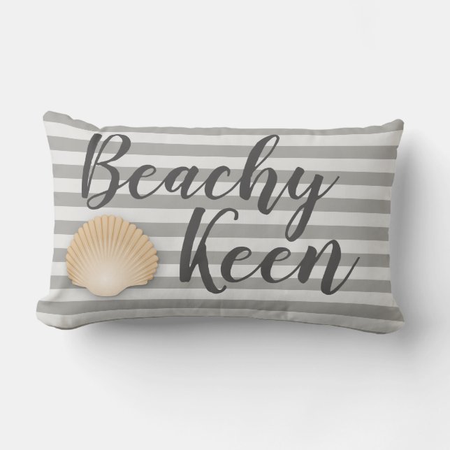 Coastal Beachy Keen Gray Stripes & Tan Seashell Lumbar Pillow (Front)