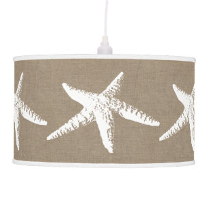 Coastal Beachy White Starfish & Faux Burlap Hanging Lamp