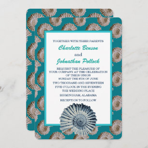 Coastal Beige & Blue Seashells Wedding Invitation