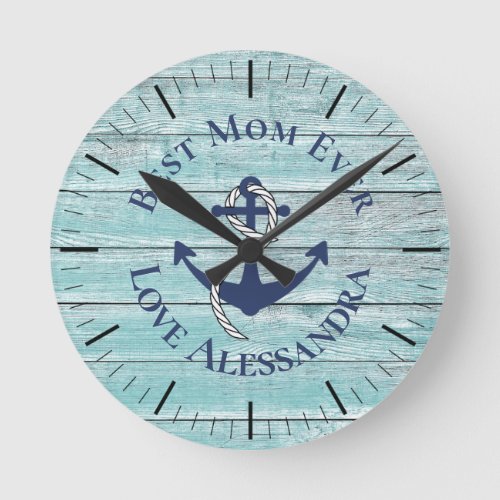 Coastal Best Mother Anchor Weathered teal wood Round Clock