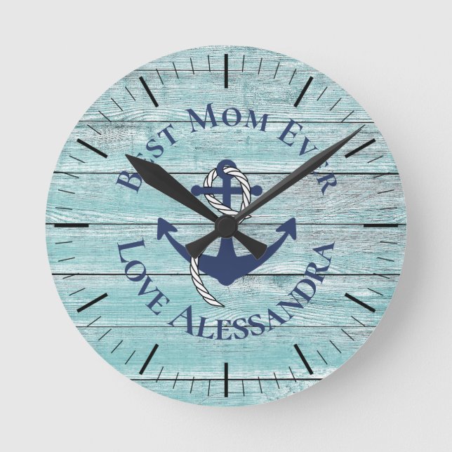 Coastal Best Mother Anchor Weathered teal wood Round Clock (Front)