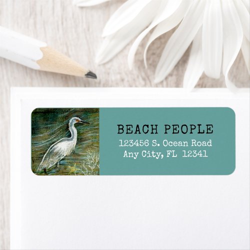 Coastal Bird Egret Wading In Water Art Label