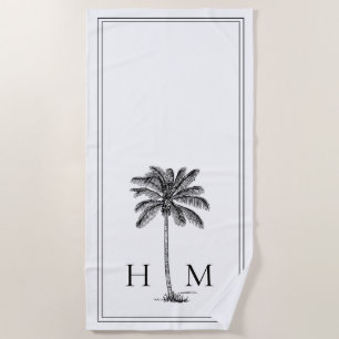 Coastal Black and White Palmetto Palm Monogram Beach Towel