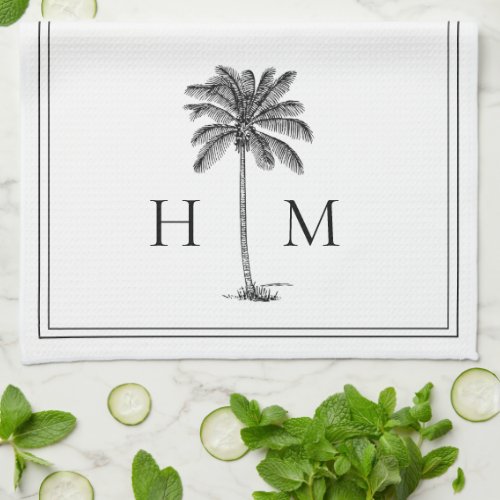 Coastal Black and White Palmetto Palm Monogram Kitchen Towel