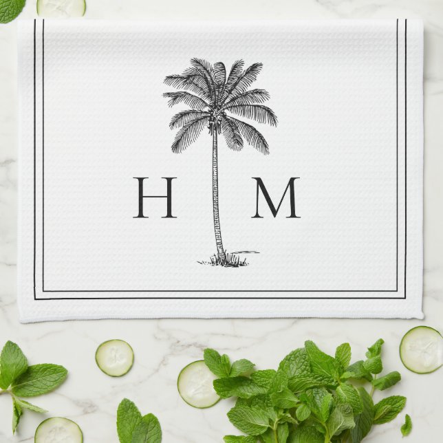 Coastal Black and White Palmetto Palm Monogram Kitchen Towel (Folded)