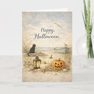 Coastal Black Cat Rowboat Halloween Card