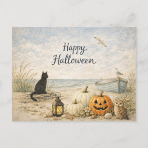 Coastal Black Cat Rowboat Halloween Holiday Postcard