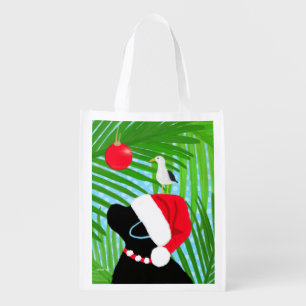 Coastal Black Lab Santa Seagull Christmas Grocery Bag