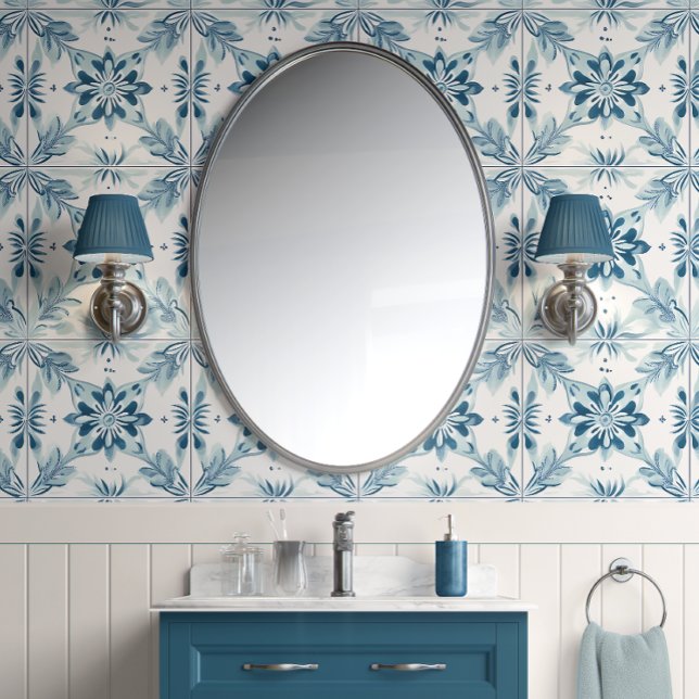 Coastal Blossom Tiles - Soft Teal, White - Coastal Wallpaper (Coastal Blossom Tiles Peel and Stick Wallpaper )