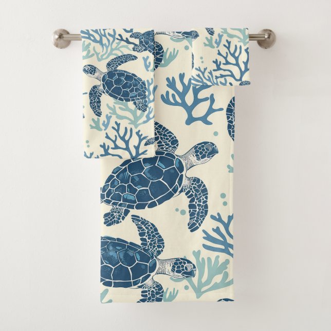 Coastal Blue and Cream Sea Turtles Personalized Bath Towel Set (Insitu)