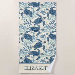 Coastal Blue and Cream Sea Turtles Personalized Beach Towel