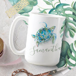Coastal Blue and Green Sea Turtle Personalized Coffee Mug<br><div class="desc">Bring ocean-inspired charm to your daily routine with this personalized coastal mug, featuring a hand-painted sea turtle surrounded by tropical monstera palm leaves in vibrant shades of blue, green, and turquoise. Designed for those who love the ocean and beach-themed decor, this mug adds a serene touch to any coffee or...</div>