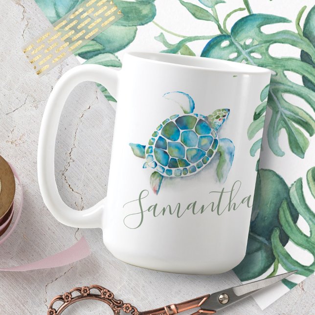 Coastal Blue and Green Sea Turtle Personalized Coffee Mug (Tropical coffee mugs sea turtle and palm leaf art by Victoria Grigaliunas of Do Tell A Belle)