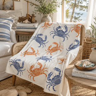 Coastal Blue and Orange Mandala Crab Pattern Beach Sherpa Blanket