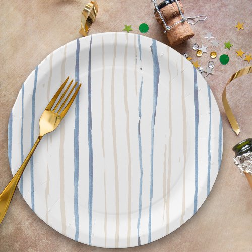 Coastal Blue and Sand Brushstroke Striped Paper Plates