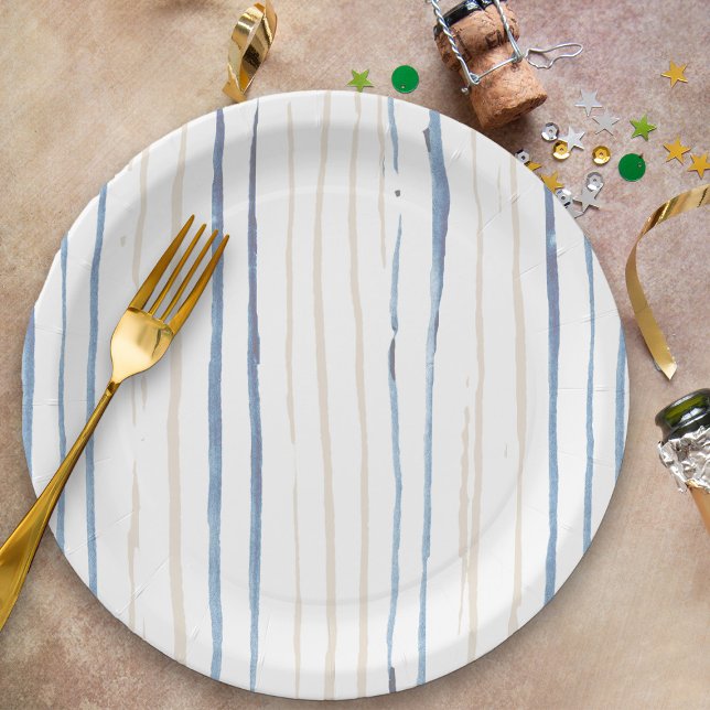 Coastal Blue and Sand Brushstroke Striped Paper Plates (Watercolor Striped Party Plates from my Floral Number Birthday Party Collection)