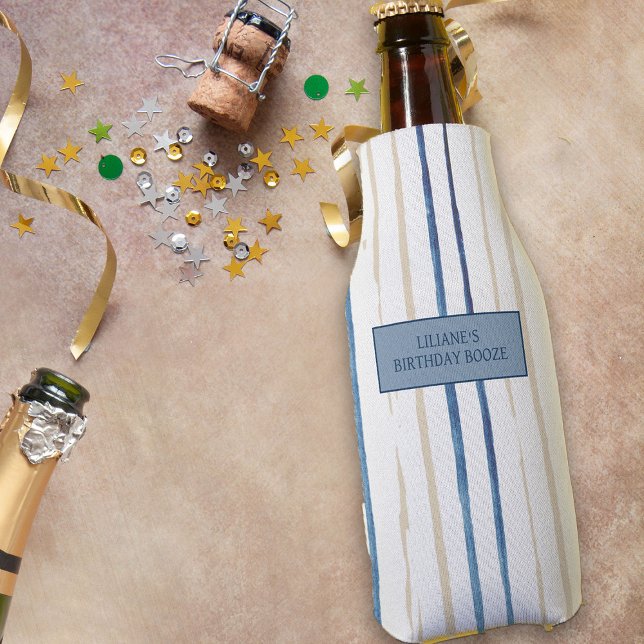 Coastal Blue and Sand Striped Personalized Bottle Cooler (Personalized Cooler from my Floral Number Birthday Party Collection)