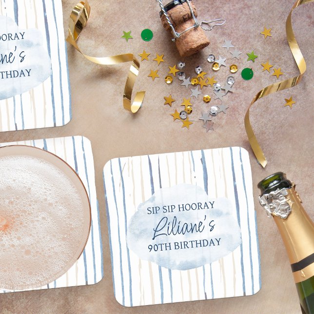 Coastal Blue and Sand Striped Personalized Square Paper Coaster (Sip Sip Hooray Coasters from my Floral Number Birthday Party Collection)