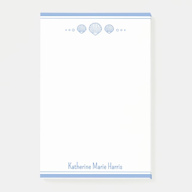 Coastal Blue and Scallop Seashells Personalized Post-it Notes (Front)