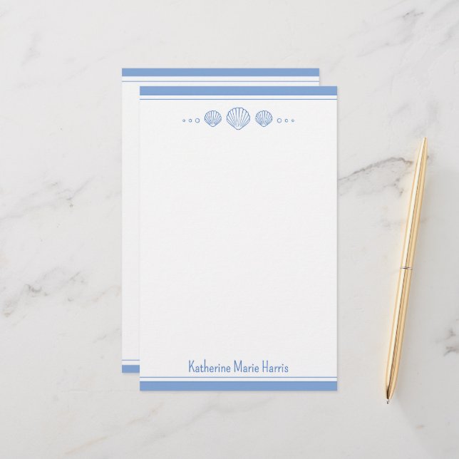 Coastal Blue and Scallop Seashells Personalized Stationery (Front/Back In Situ)