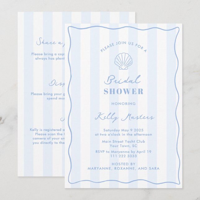 Coastal Blue And White Bridal Shower Invitation (Front/Back)