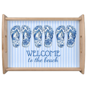 Coastal Blue and White Chinoiserie Flip Flops Serving Tray