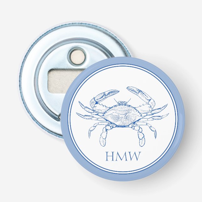 Coastal Blue and White Crab Monogram Bottle Opener (Front)