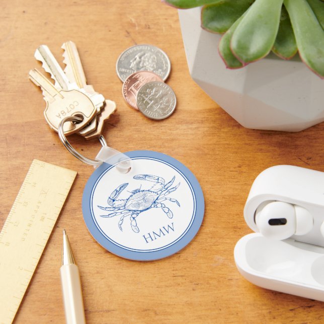 Coastal Blue and White Crab Monogram Keychain (Desk)