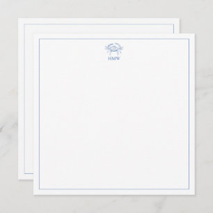 Coastal Blue and White Crab Monogram Note Card