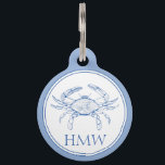 Coastal Blue and White Crab Monogram Pet ID Tag<br><div class="desc">This cute pet tag features a classic coastal crab in blue and white with a monogram that you can personalize with your choice of initials on the front and contact information on the back.</div>