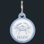 Coastal Blue and White Crab Monogram Pet ID Tag<br><div class="desc">This cute pet tag features a classic coastal crab in blue and white with a monogram that you can personalize with your choice of initials on the front and contact information on the back.</div>