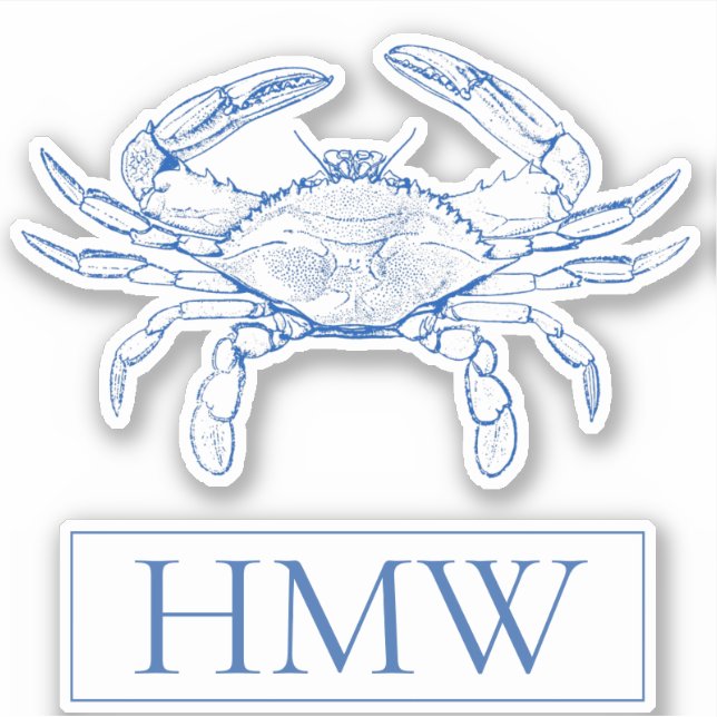 Coastal Blue and White Crab Monogram Sticker (Front)