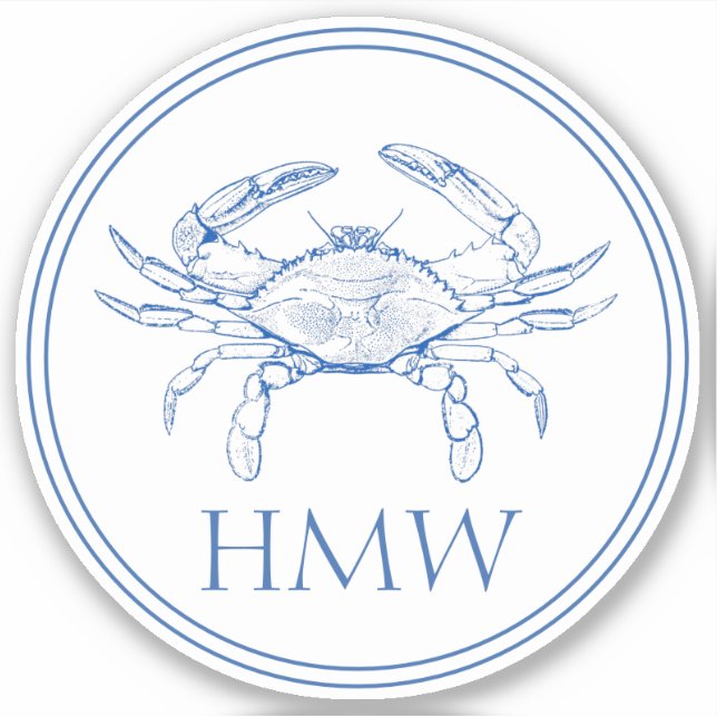 Coastal Blue and White Crab Monogram Sticker (Front)