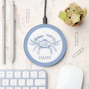 Coastal Blue and White Crab Monogram Wireless Charger
