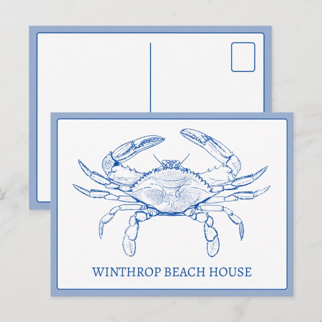 Coastal Blue and White Crab Personalized Postcard (Front/Back)