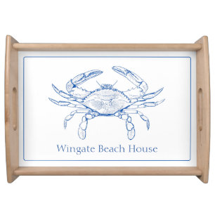 Coastal Blue and White Crab Personalized Serving Tray