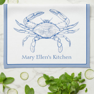 Coastal Blue and White Crab Personallzed Kitchen Towel