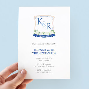 Coastal Blue And White Crest NewlyWeds Brunch Invitation