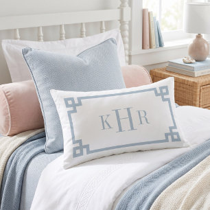 Coastal Blue and White Greek Key Monogram Lumbar Pillow