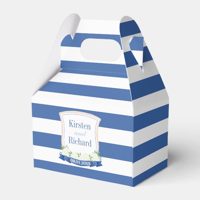 Coastal Blue And White Monogram Crest Wedding Favor Boxes (Back Side)
