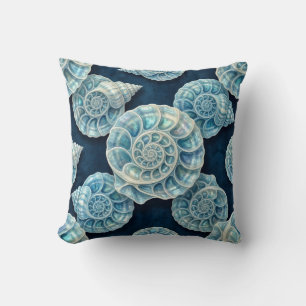 Coastal Blue and White Opal Seashells Throw Pillow