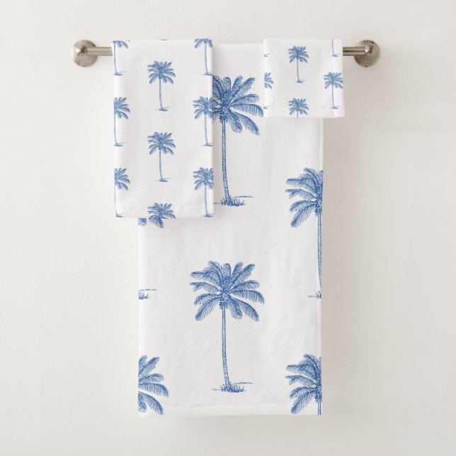 Coastal Blue and White Palm Palmetto Trees Bath Towel Set (Insitu)