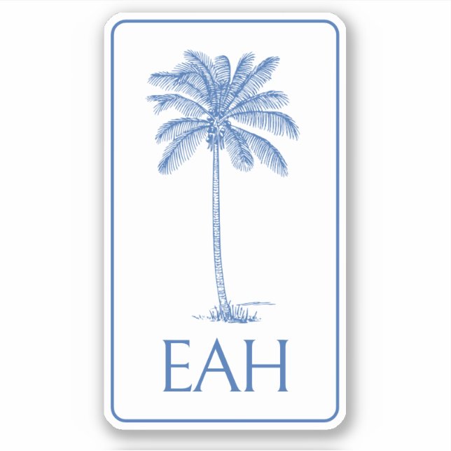 Coastal Blue and White Palm Tree Monogram Sticker (Front)