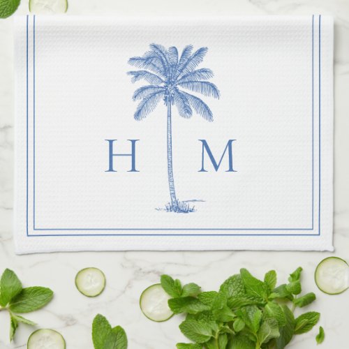 Coastal Blue and White Palmetto Palm Monogram Kitchen Towel