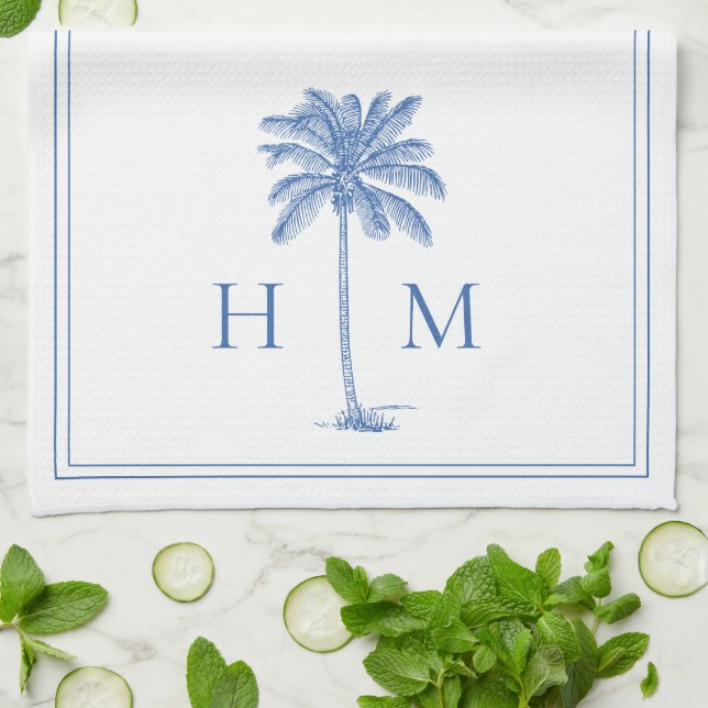 Coastal Blue and White Palmetto Palm Monogram Kitchen Towel (Folded)