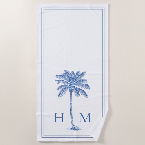 Coastal Blue and White Palmetto Palm Tree Monogram Beach Towel