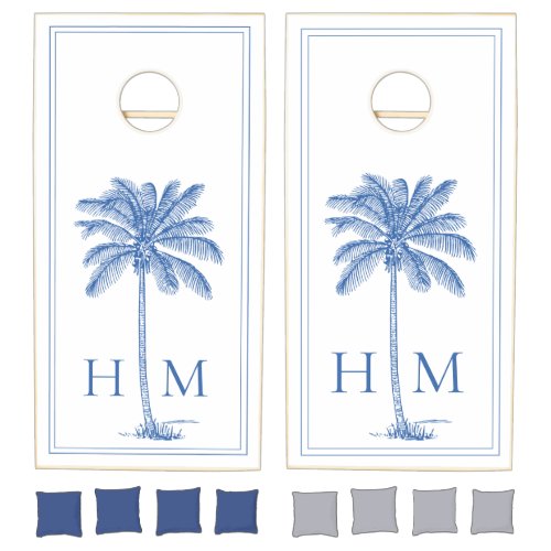 Coastal Blue and White Palmetto Palm Tree Monogram Cornhole Set