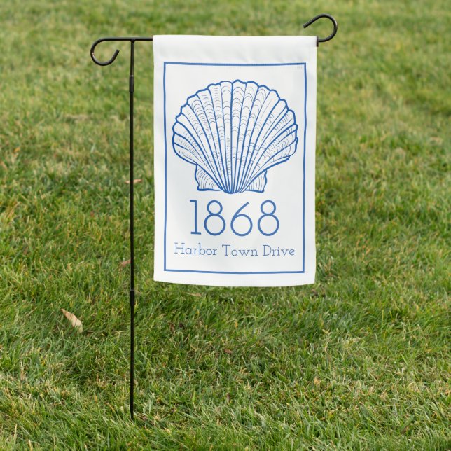 Coastal Blue and White Scallop Seashell Address Garden Flag (In SItu)